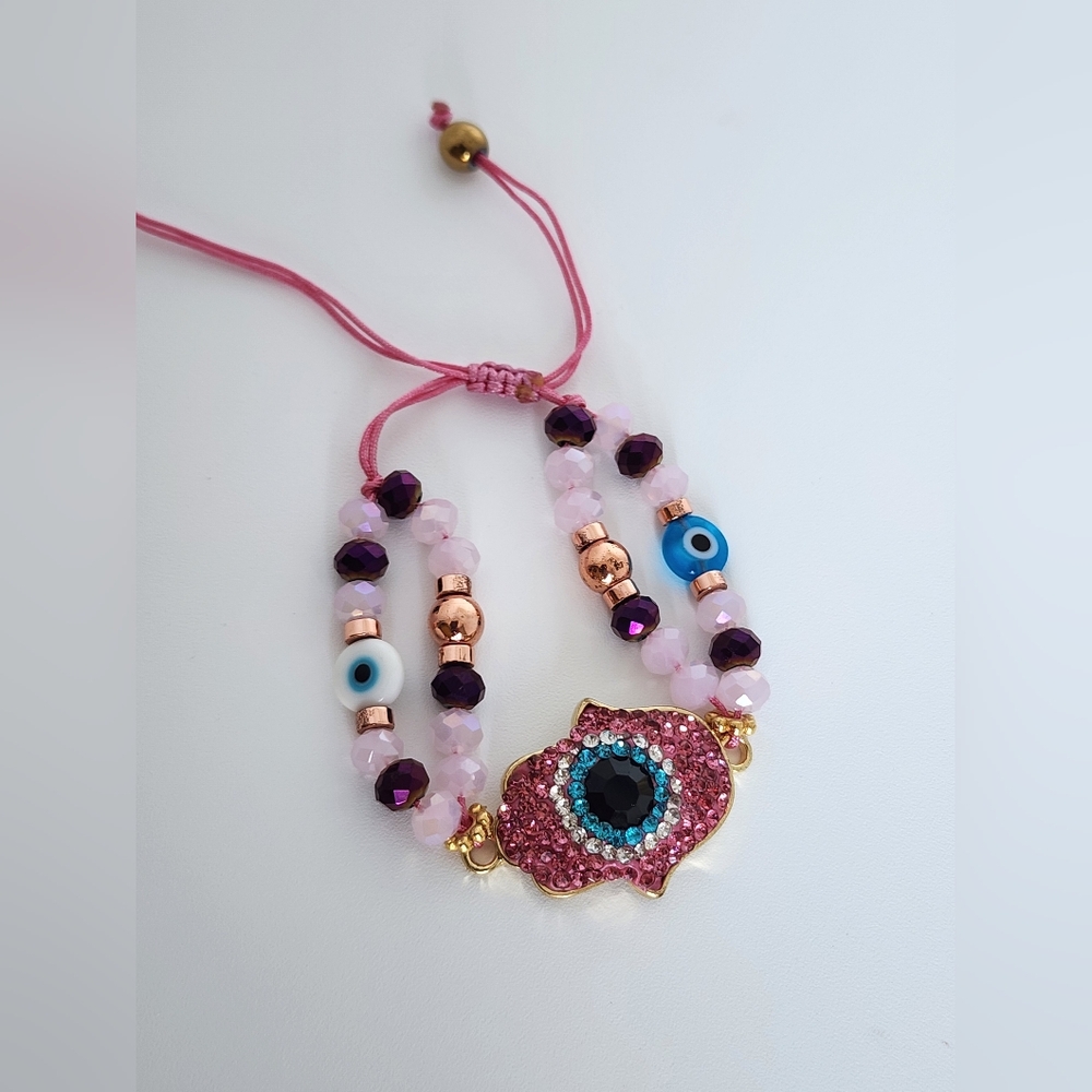 Hot Trend Evil Eye Bracelet Pink Adjustable + Gold Star Earrings Bundle Cute - Picture 4 of 6